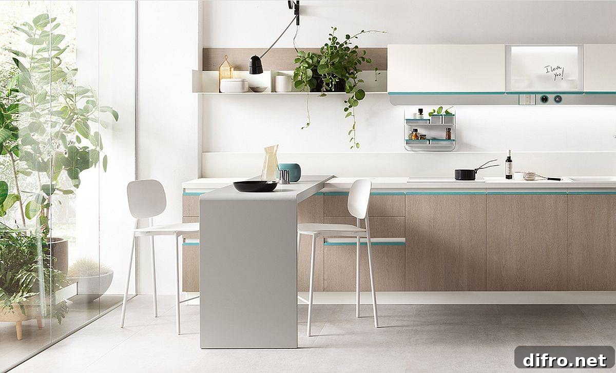 Balanced white and modern kitchen with natural light