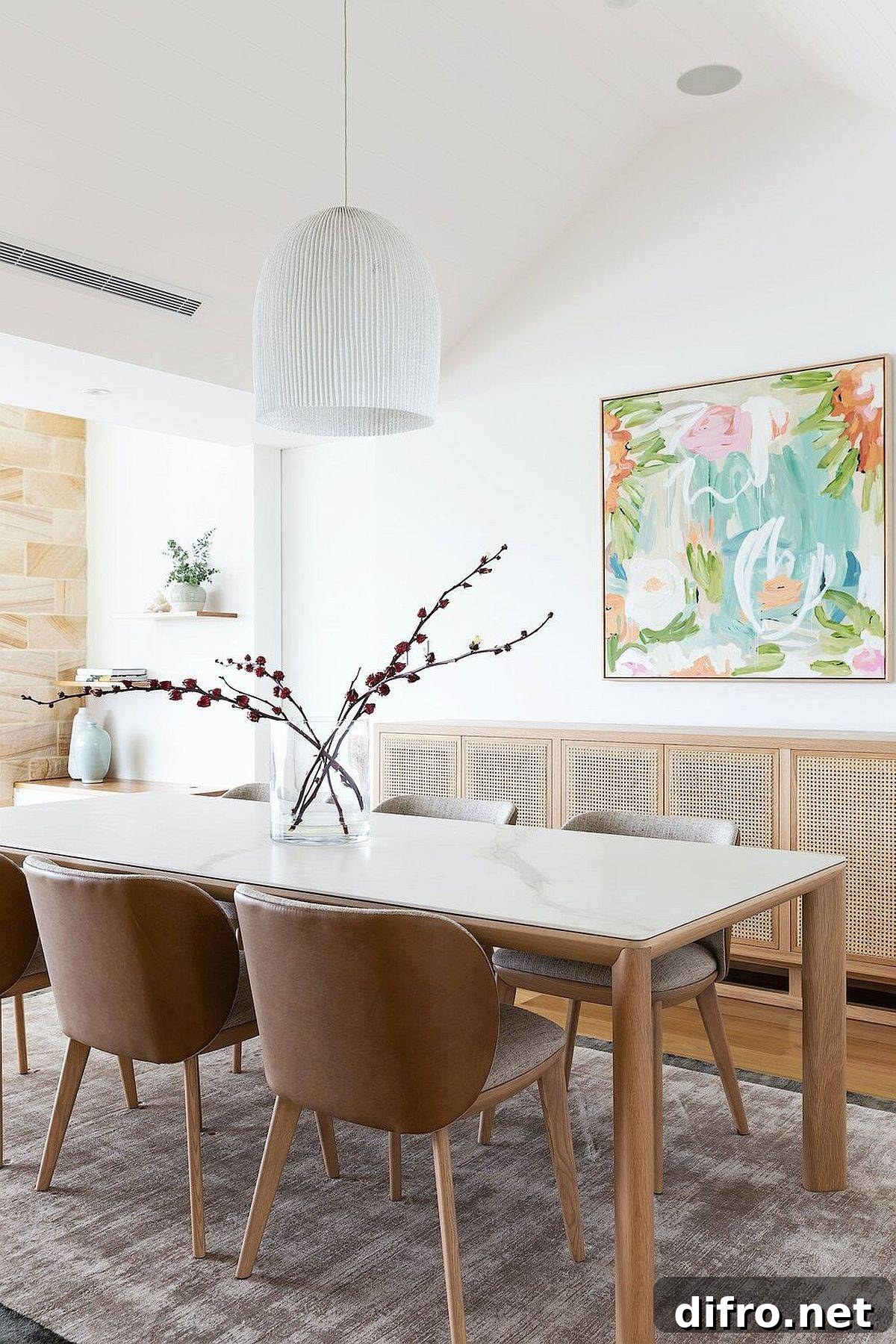Multicolored wall art in a breezy beach-style dining area