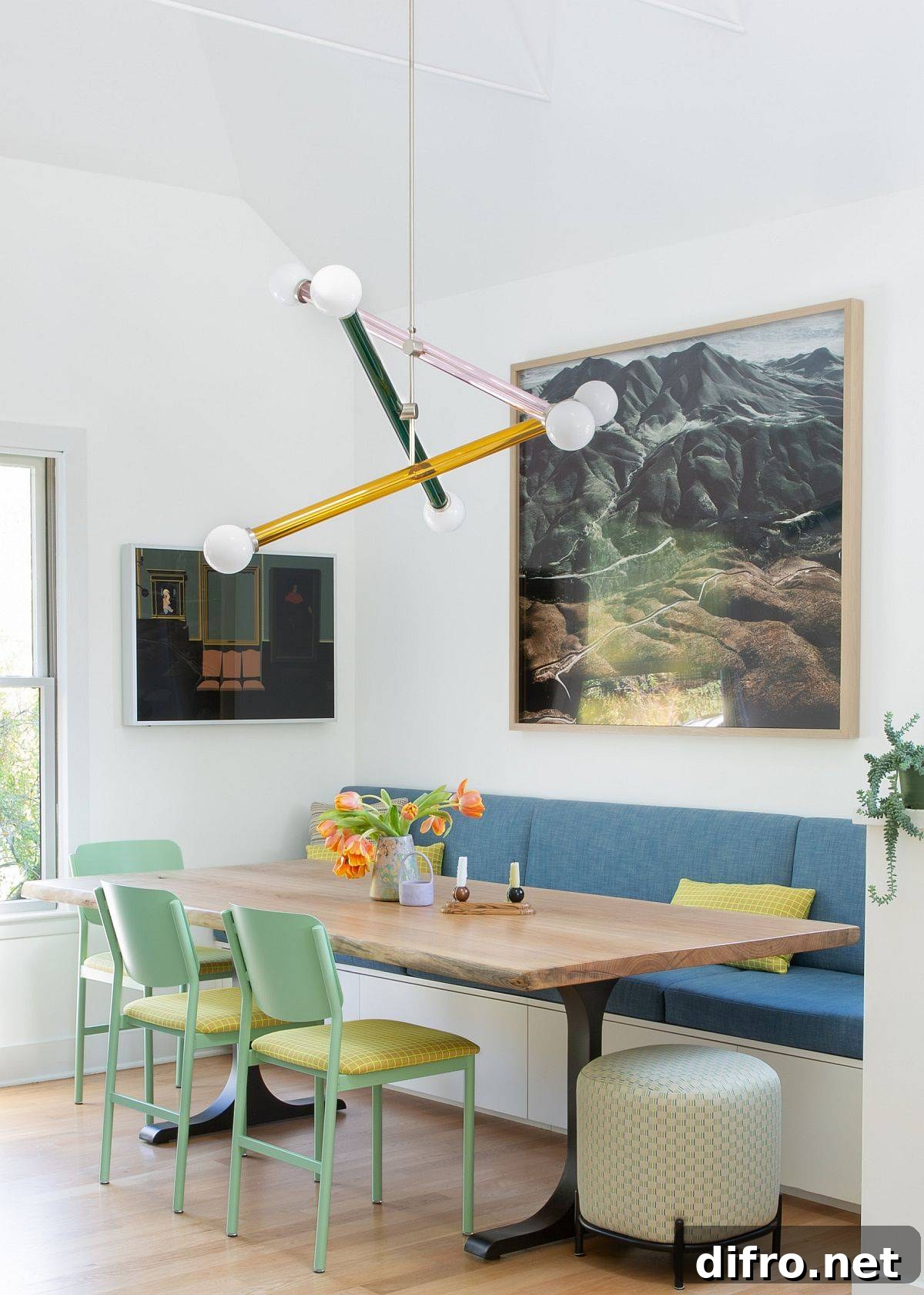 Colorful dining niche with clever design