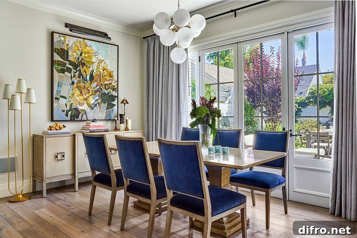 Flowery wall art bringing yellow accents to a light-filled dining space