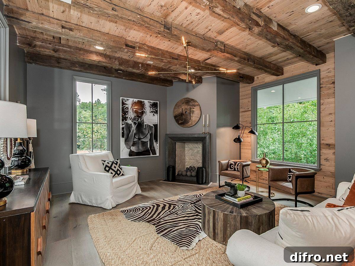 Modern living room with a corner fireplace in gray and wood