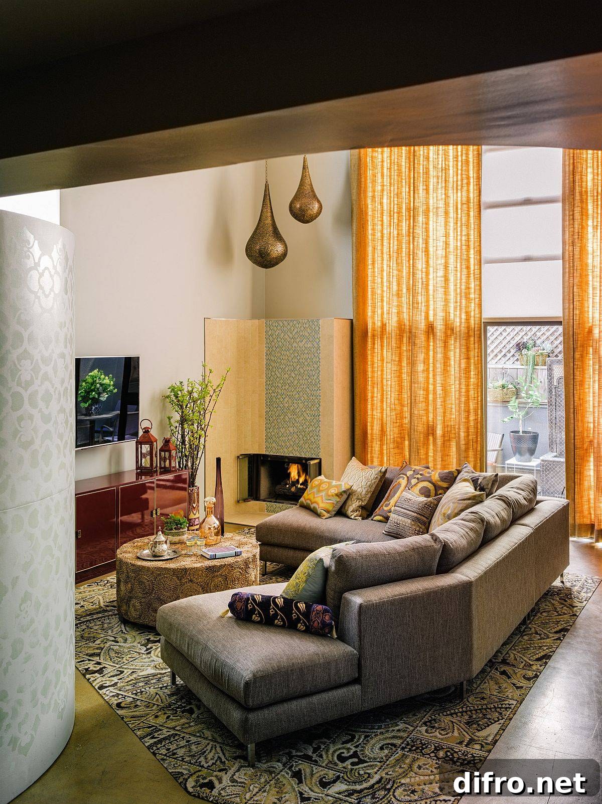 Moroccan loft style living space with corner fireplace