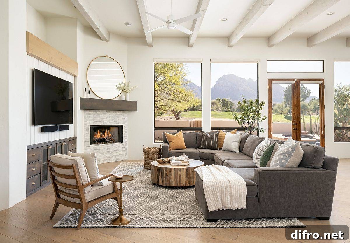 Polished contemporary living room with a sleek corner fireplace