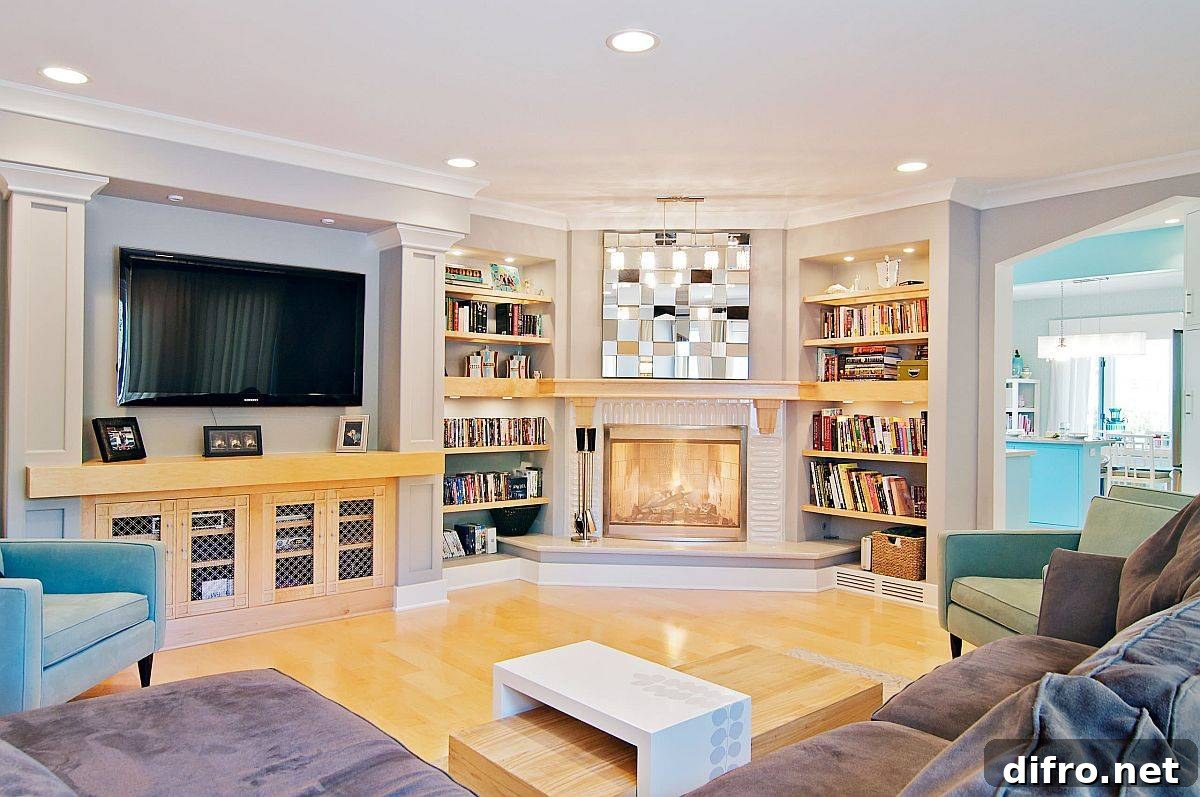 Light-filled art deco living room with a corner fireplace