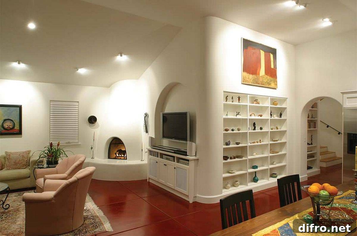 White corner fireplace blends with room decor