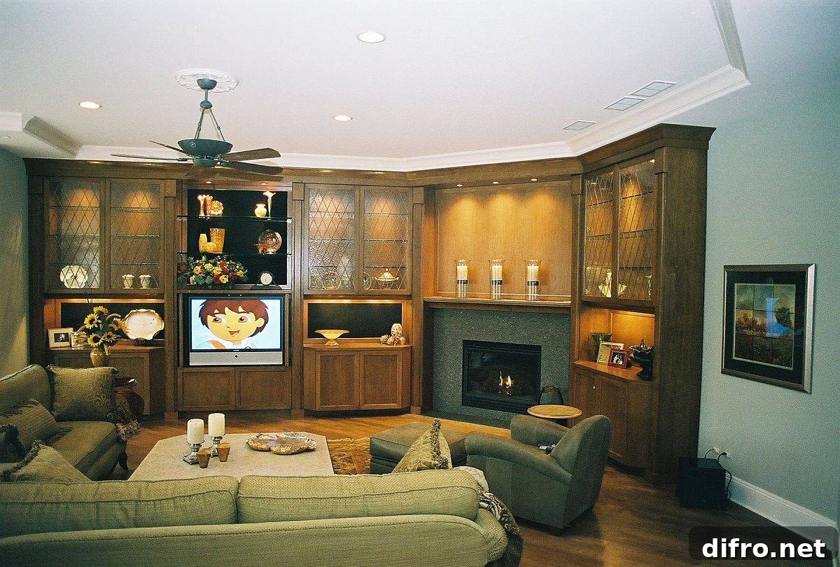 Custom fireplace and entertainment unit blend together