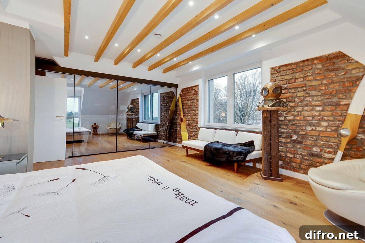 Classy eclectic bedroom with exposed wooden beams, brick walls and white backdrop