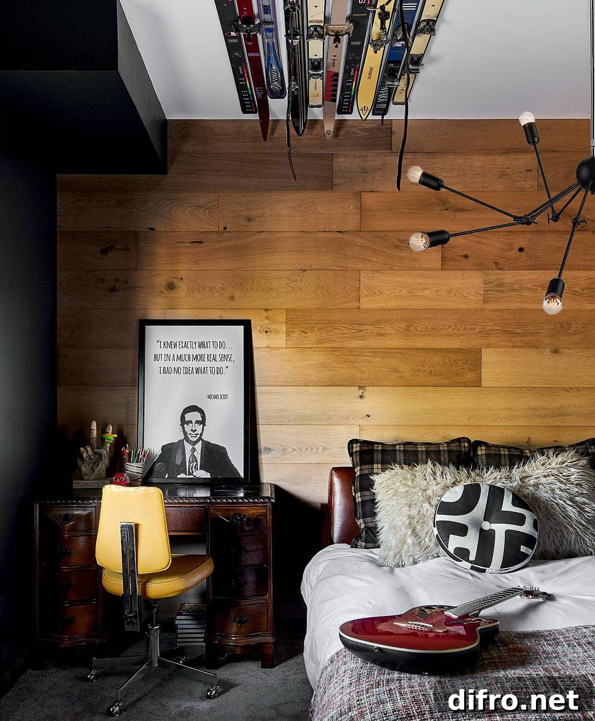Wood and white color scheme in a modern eclectic bedroom
