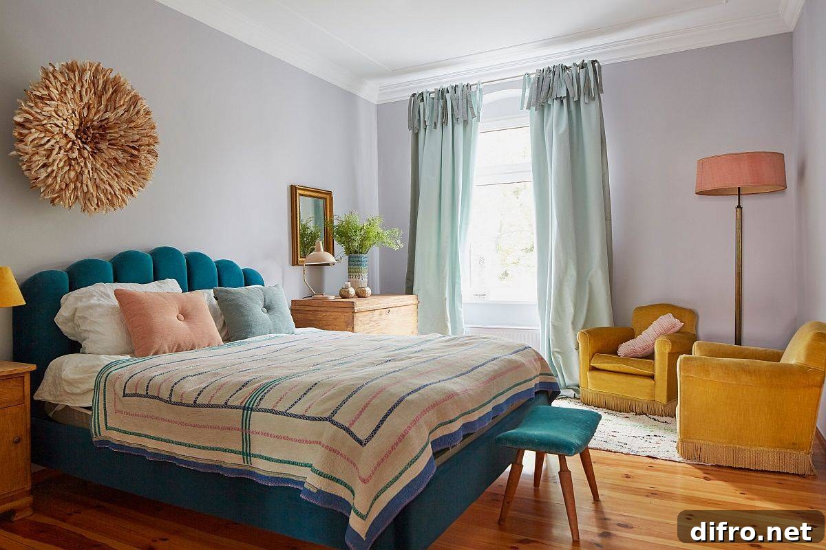 Small eclectic bedroom with blue and yellow accents