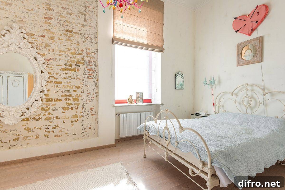 Modern eclectic bedroom with exposed white brick wall
