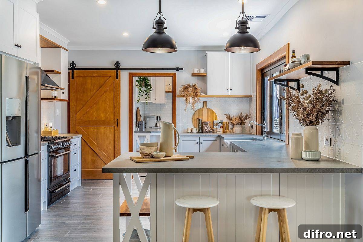 Beautiful farmhouse kitchen with engineered quartz countertops and lovely lighting