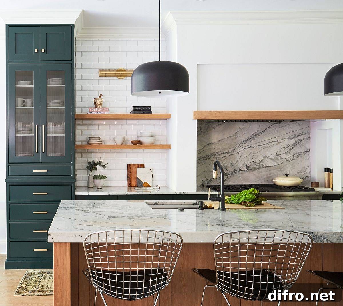 Marble countertops add a touch of class to the small modern kitchen