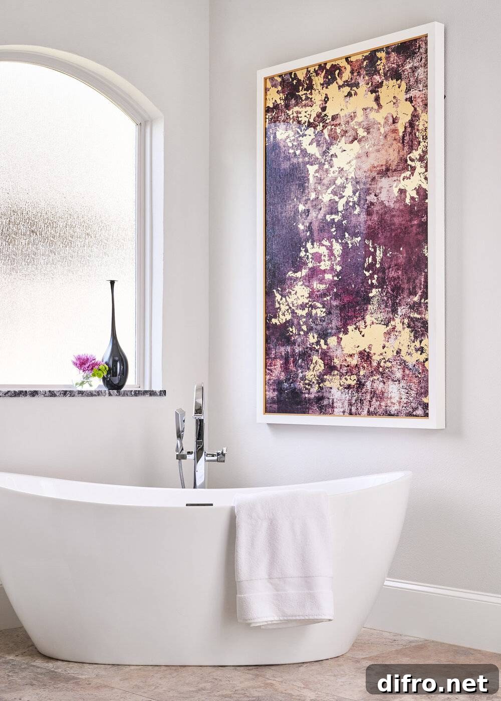 bathroom with double sided window film above white bathtub