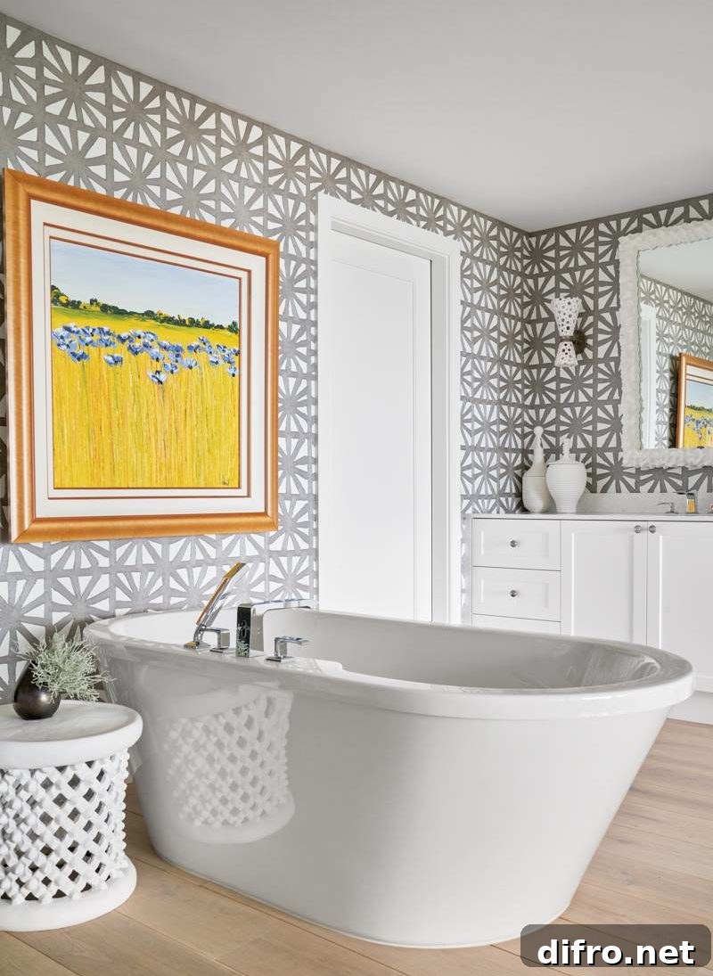 white bathtub with painting as window privacy cover