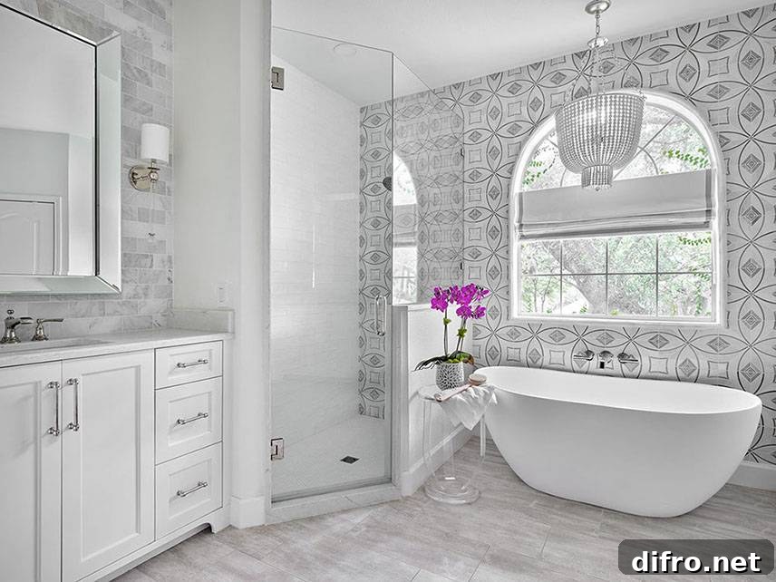 roman shades in grey master bath with patterned wall