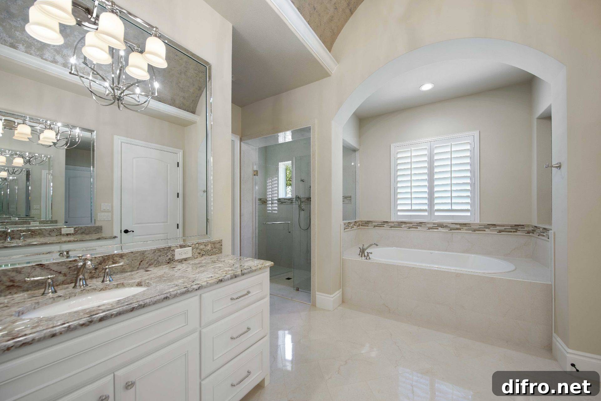 wooden shutters in a master bathroom