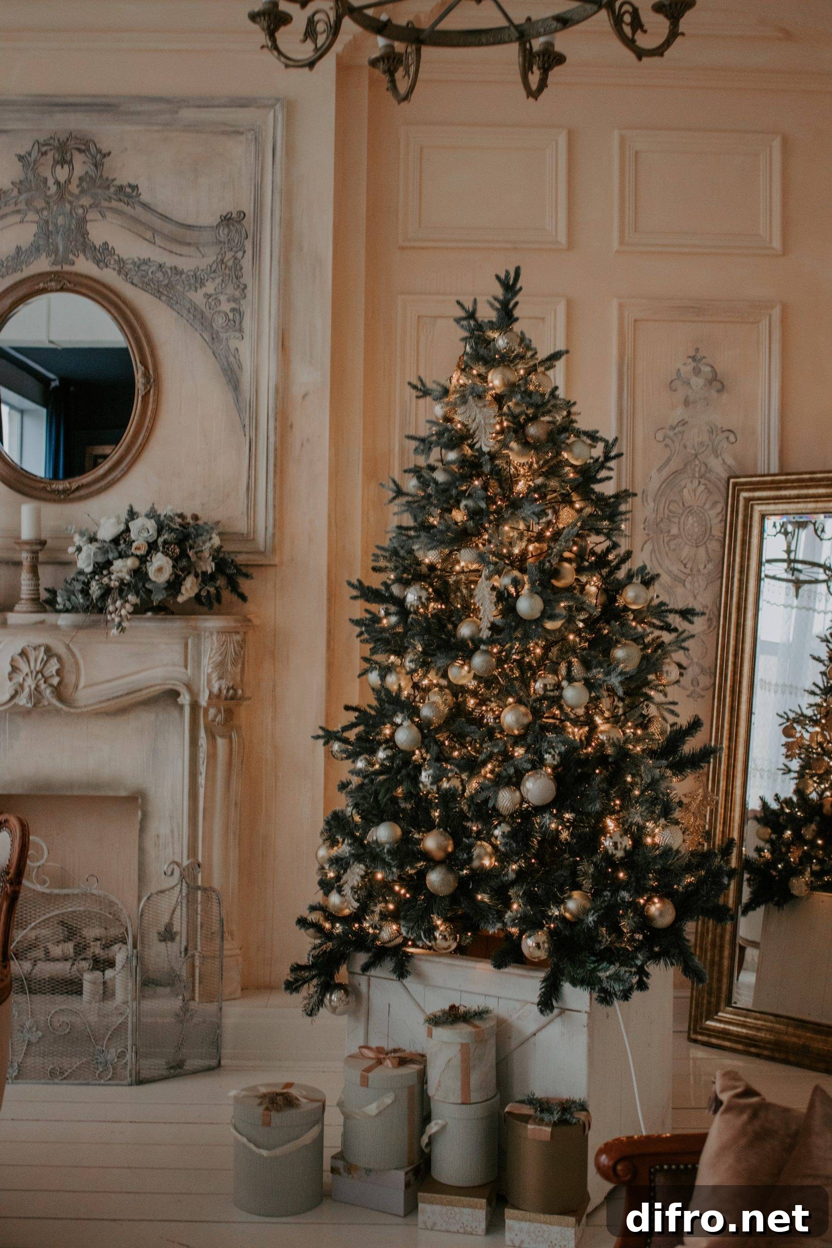 Extravagant gold ornaments on a Christmas tree