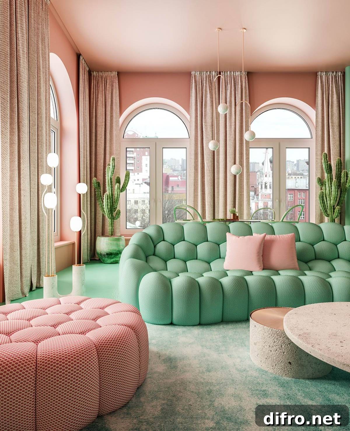 Vibrant pistachio sofa in a pastel living room