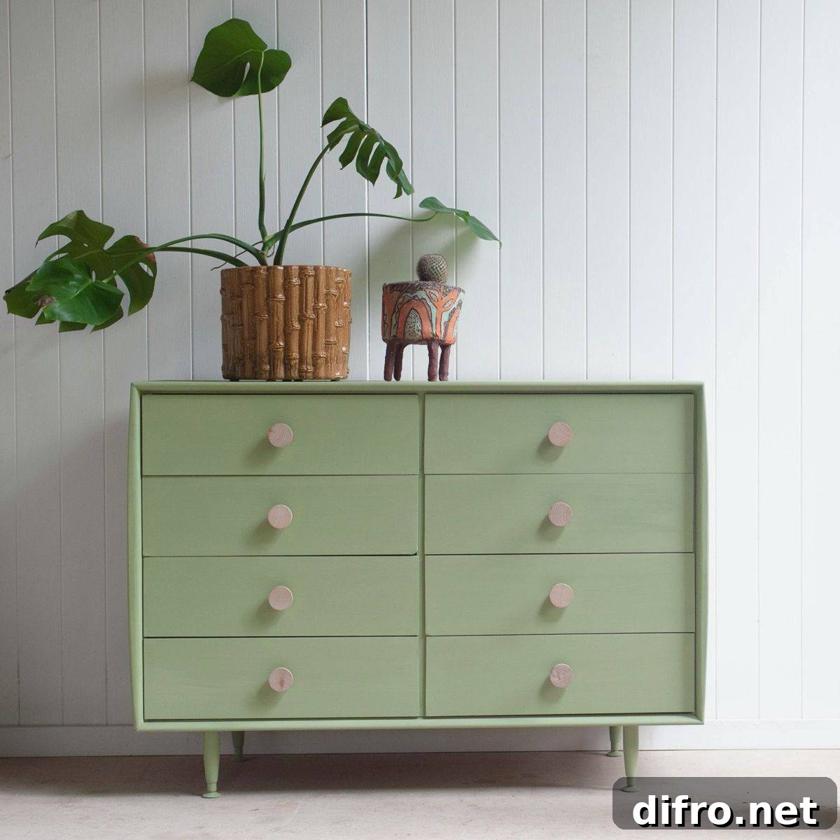 Pistachio dresser styled with plants