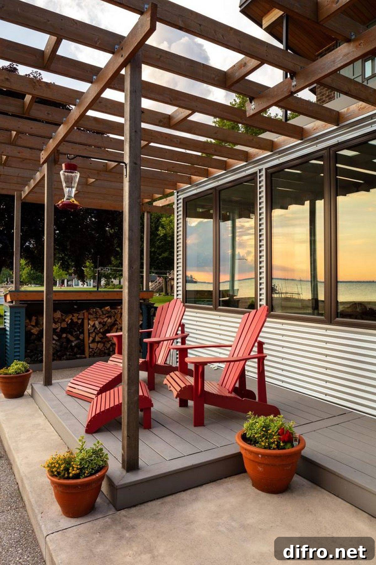 Colorful chairs on deck under cedar trellis