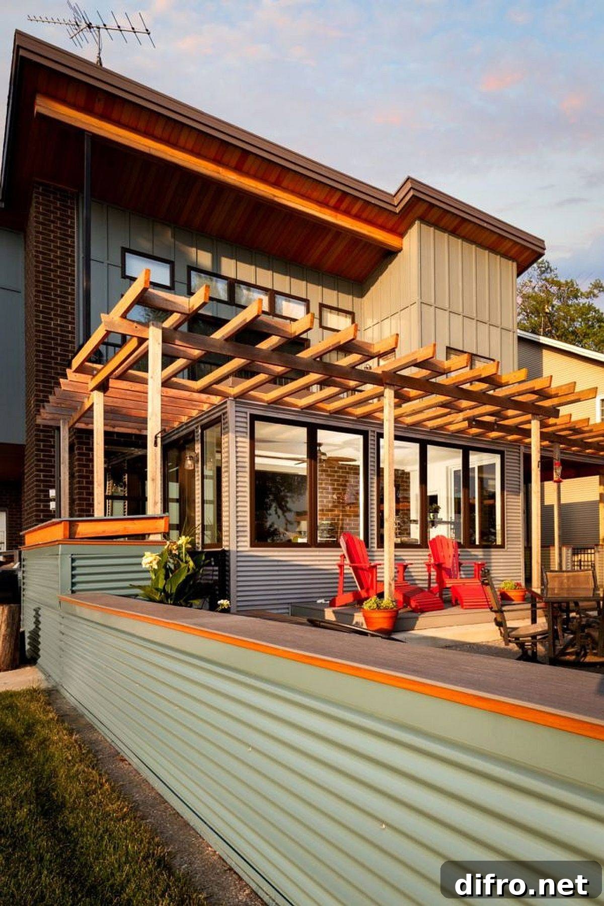 Cedar trellis and corrugated metal siding