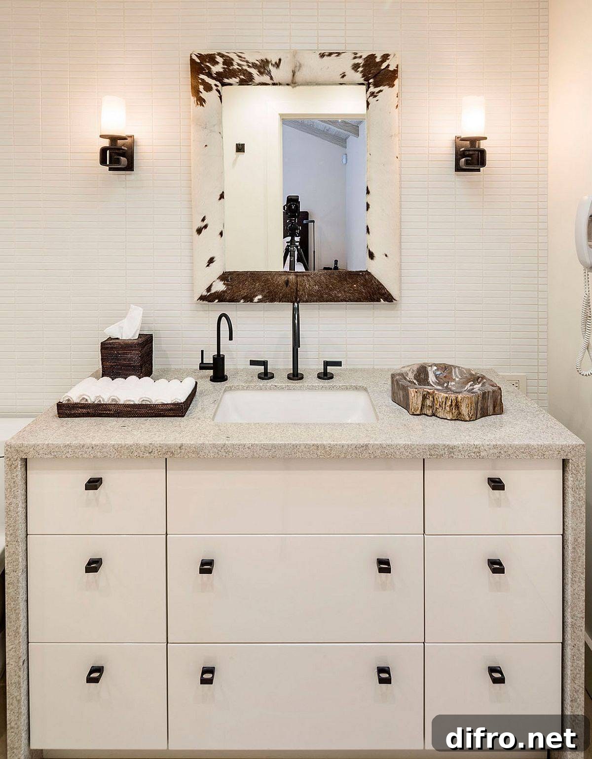 Modern beach style bathroom in white with smart, stylish lighting