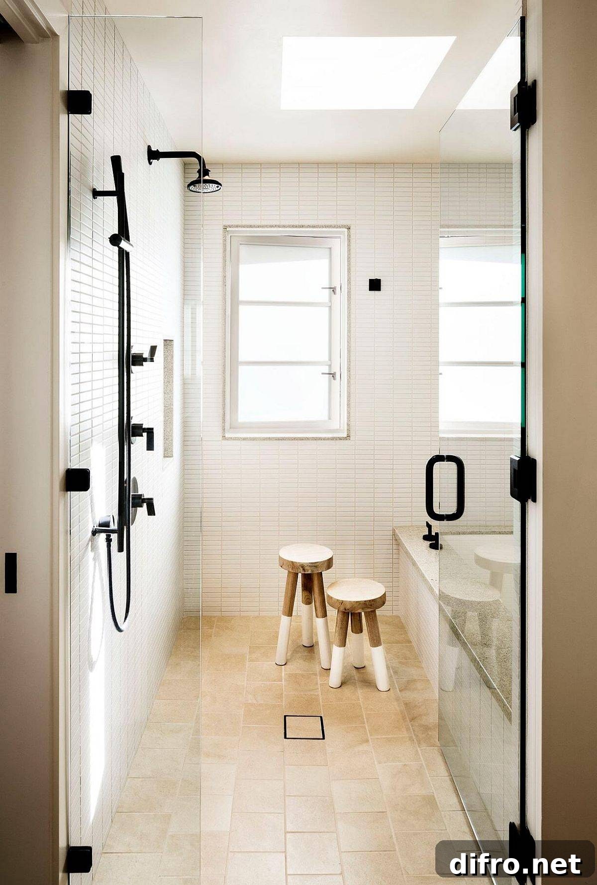 Series of skylights and newly added windows bring light into this small beach style bathroom