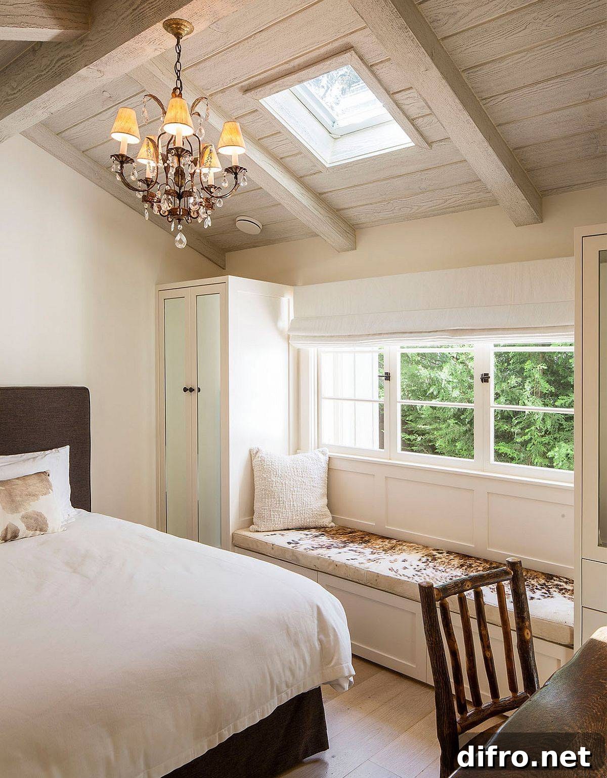 Small skylight and a lovely bay window connect this bedroom with the view outside while ushering in ample natural light