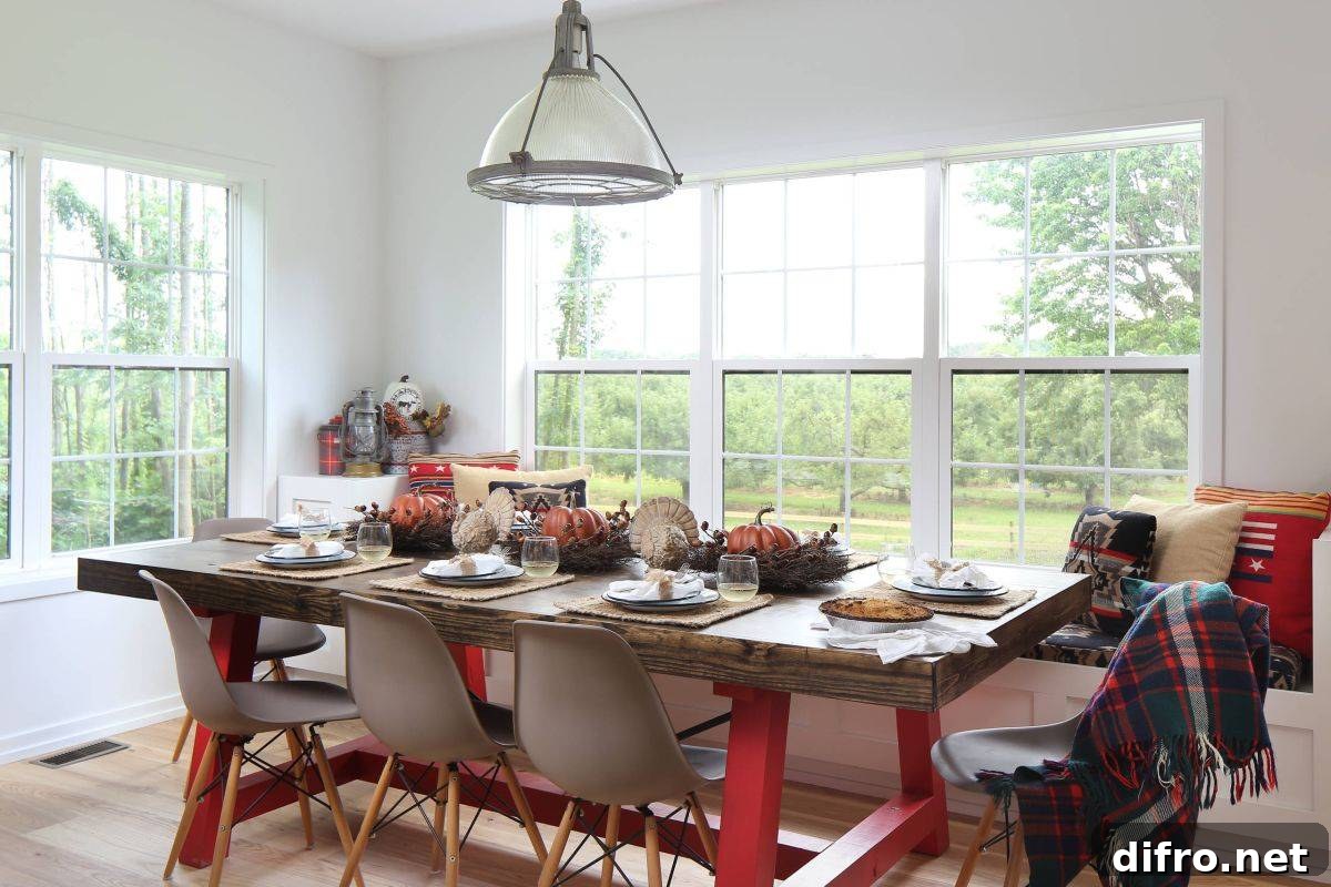 Modern farmhouse dining space ready for Thanksgiving