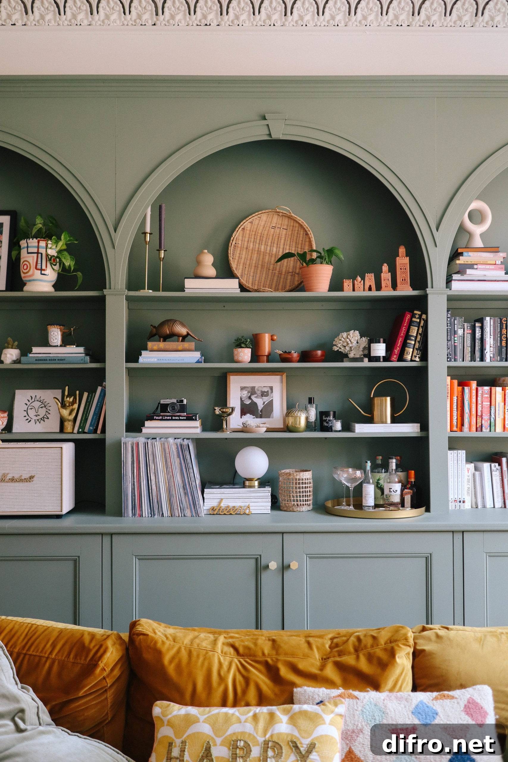 Arched built-in bookshelf in sage tone