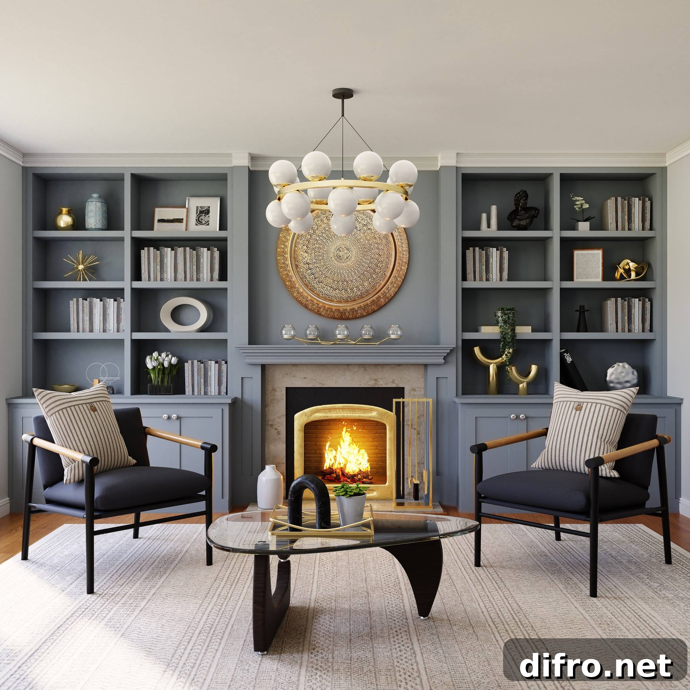 Muted gray bookshelves for contemporary living room