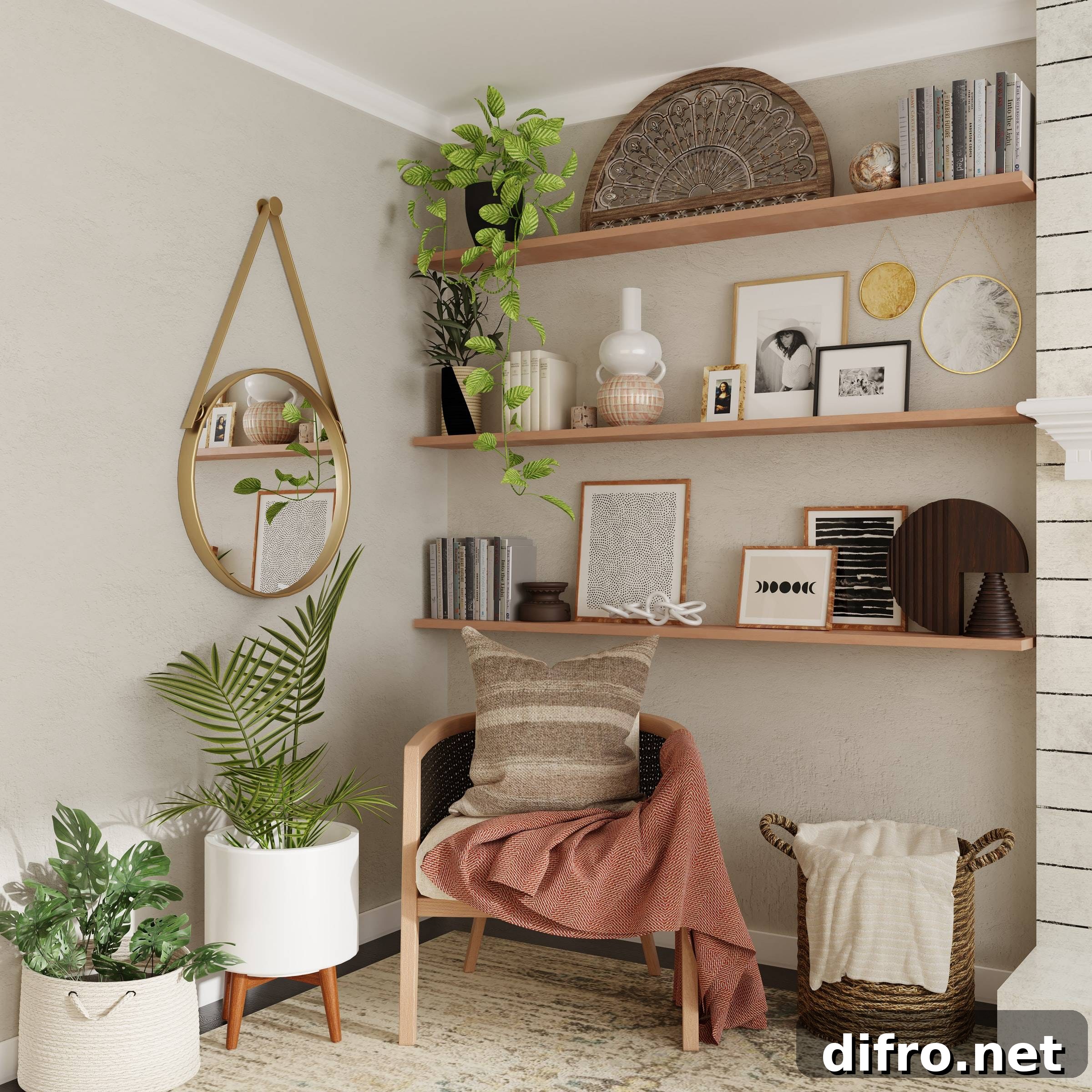 Nature-inspired bookshelf décor with plants