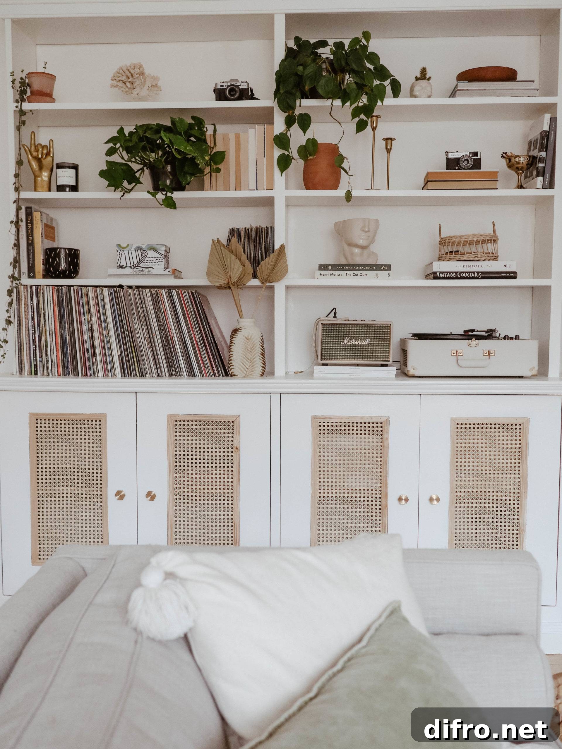 Curated neutral bookshelves