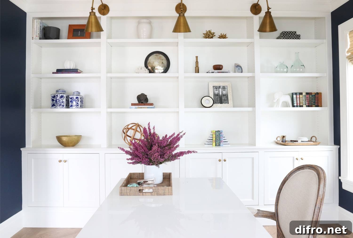 Modern styled bookshelf with decorative objects