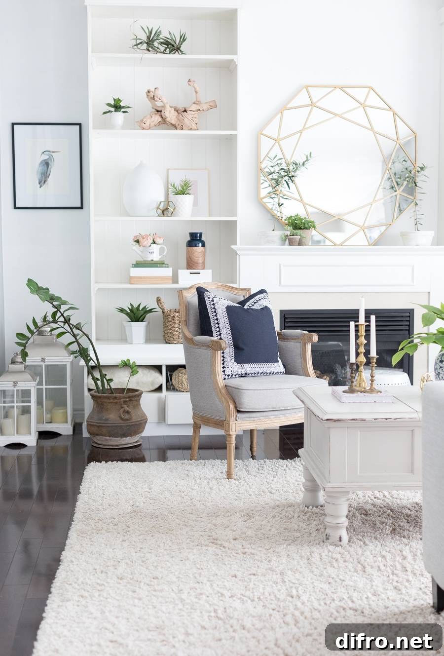 Built-in bookshelf next to a mantle