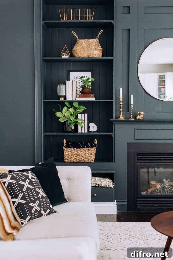 Moody focal wall with built-in shelves