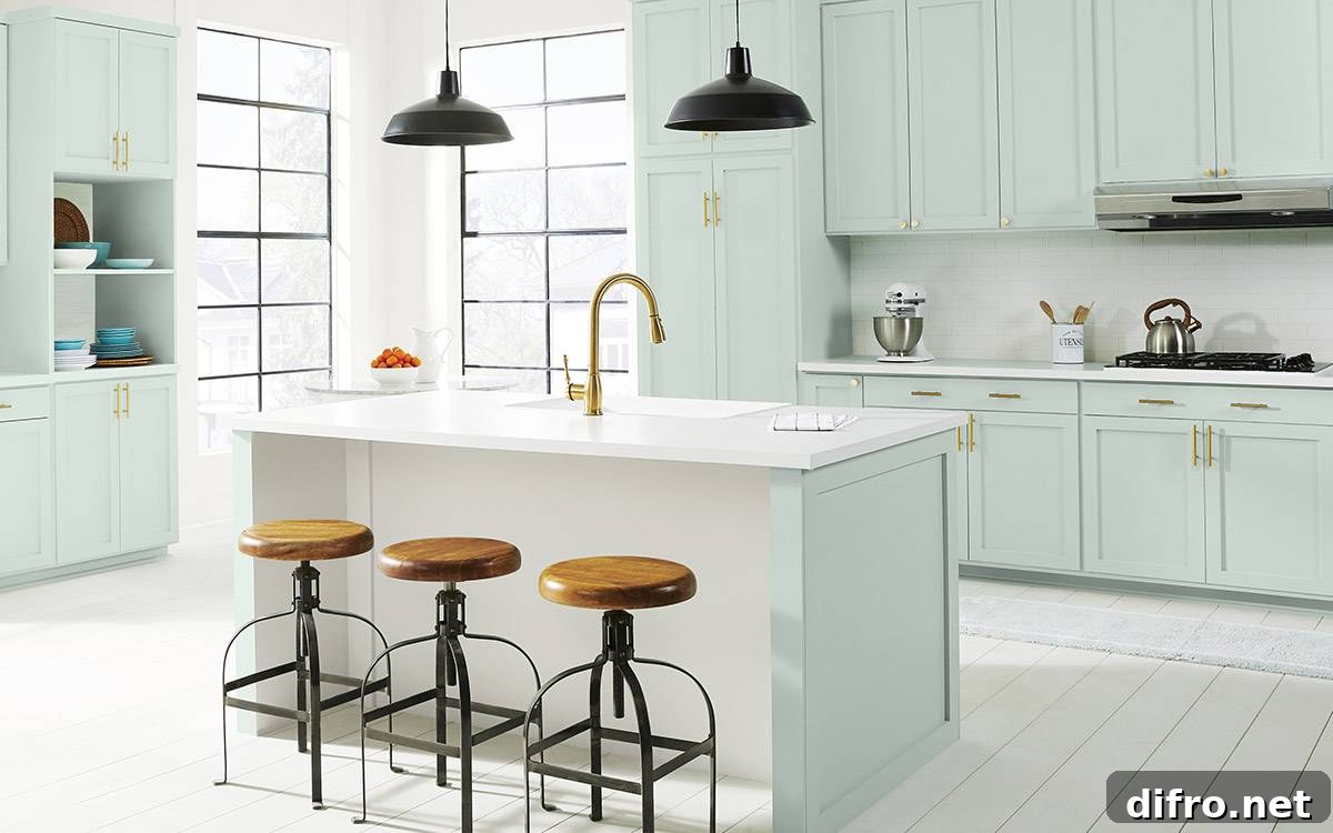 2022 Colors of the Year Revealed 6 Kitchen cabinetry painted in Breezeway with white countertops