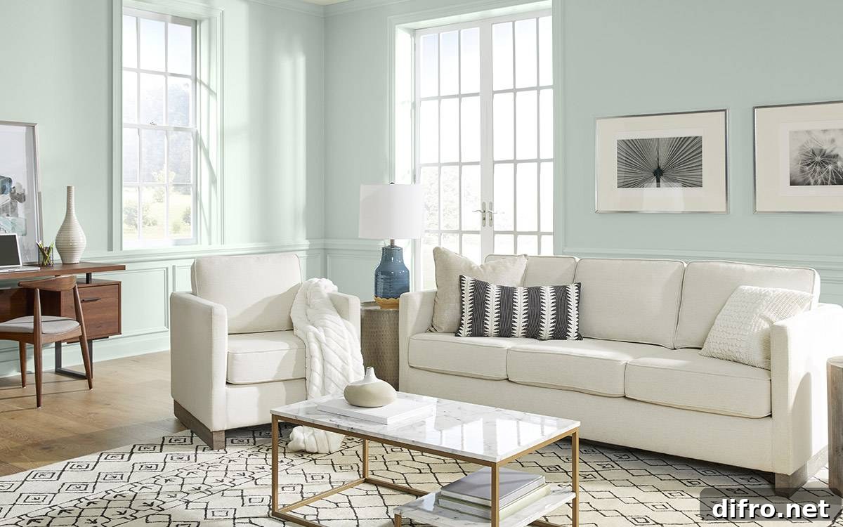 2022 Colors of the Year Revealed 7 Bright living room painted in Breezeway creating an airy feel