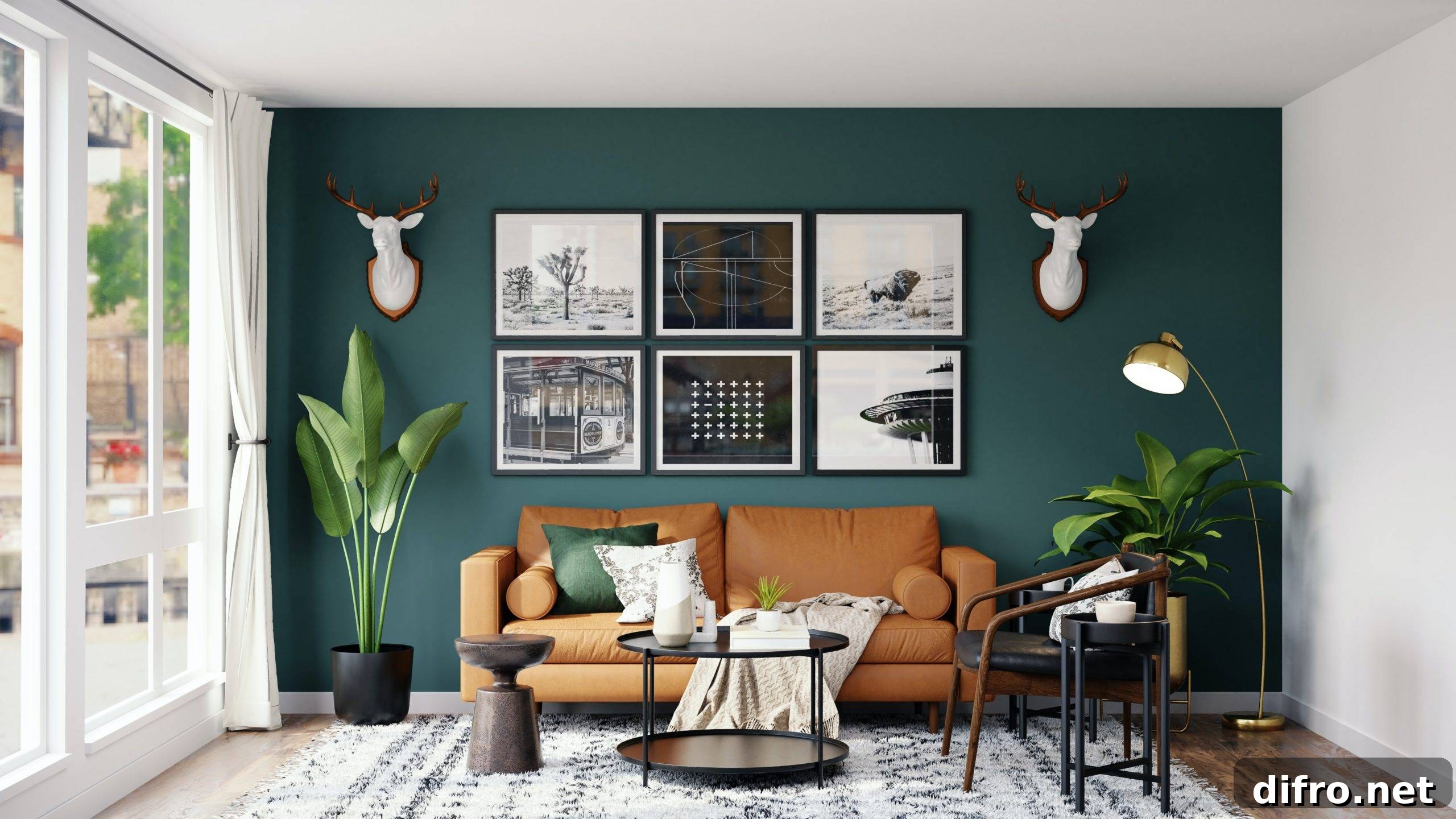 Modern living room with deep green accent wall and natural textures