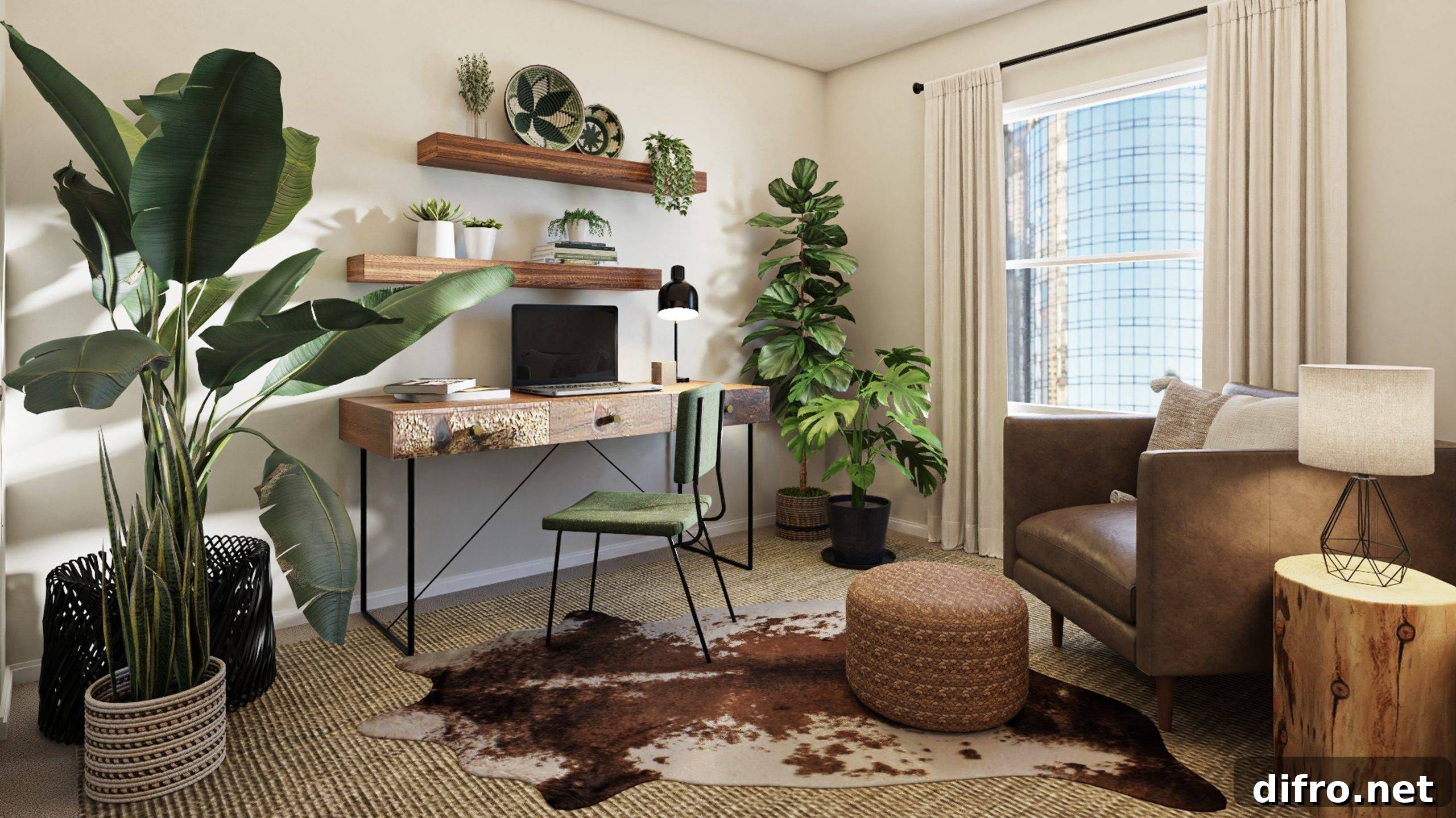 Home office with natural textures and greenery