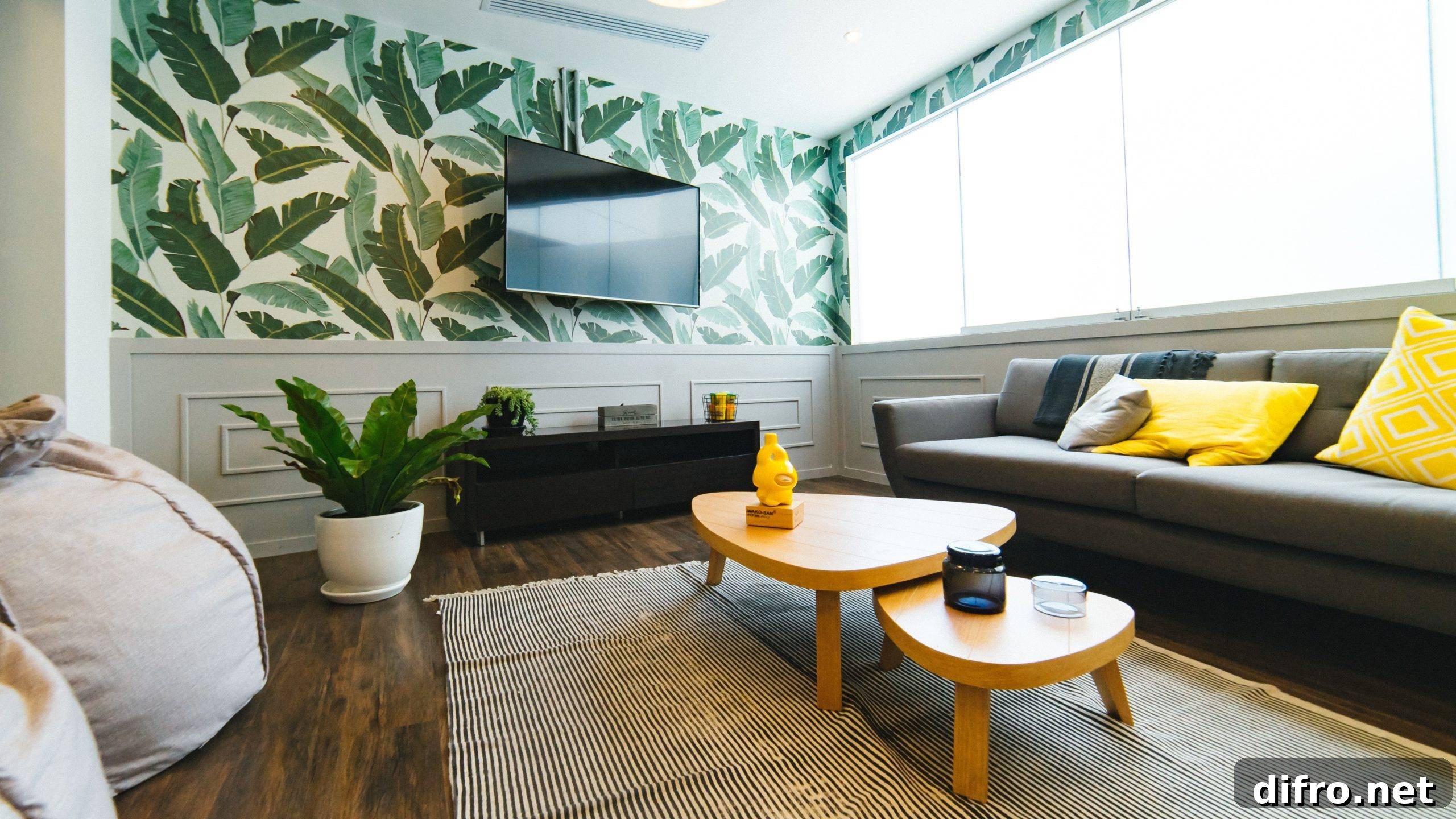Subtle leafy wallpaper creating visual interest