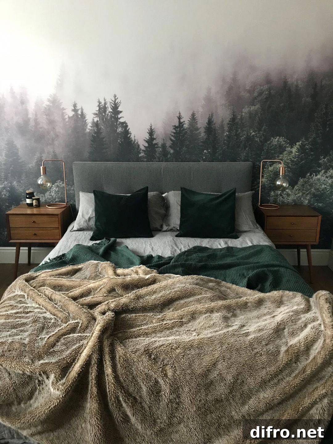 Bedroom with forest mural and complementary green and brown tones