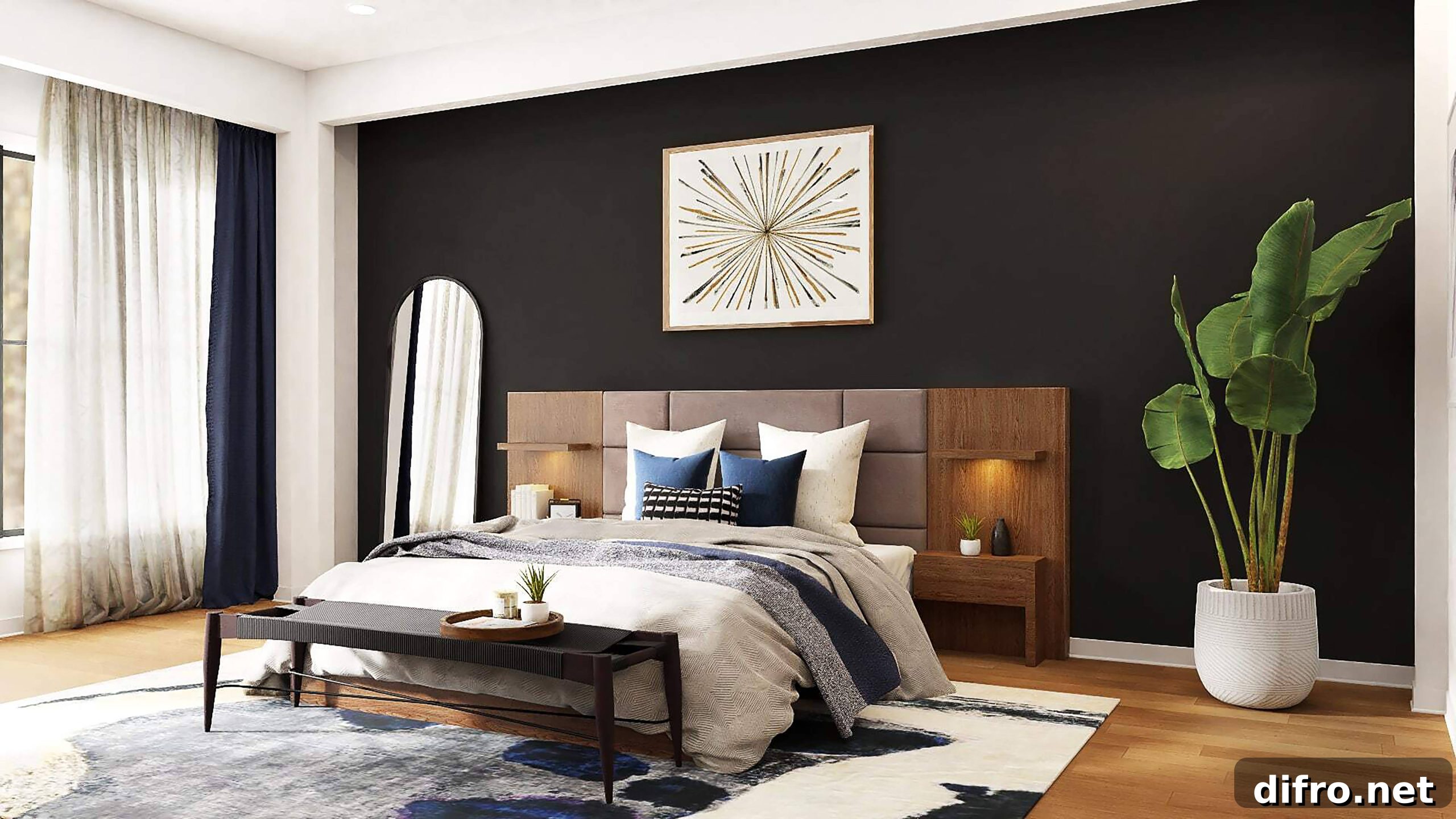Bedroom with large plants and natural textures