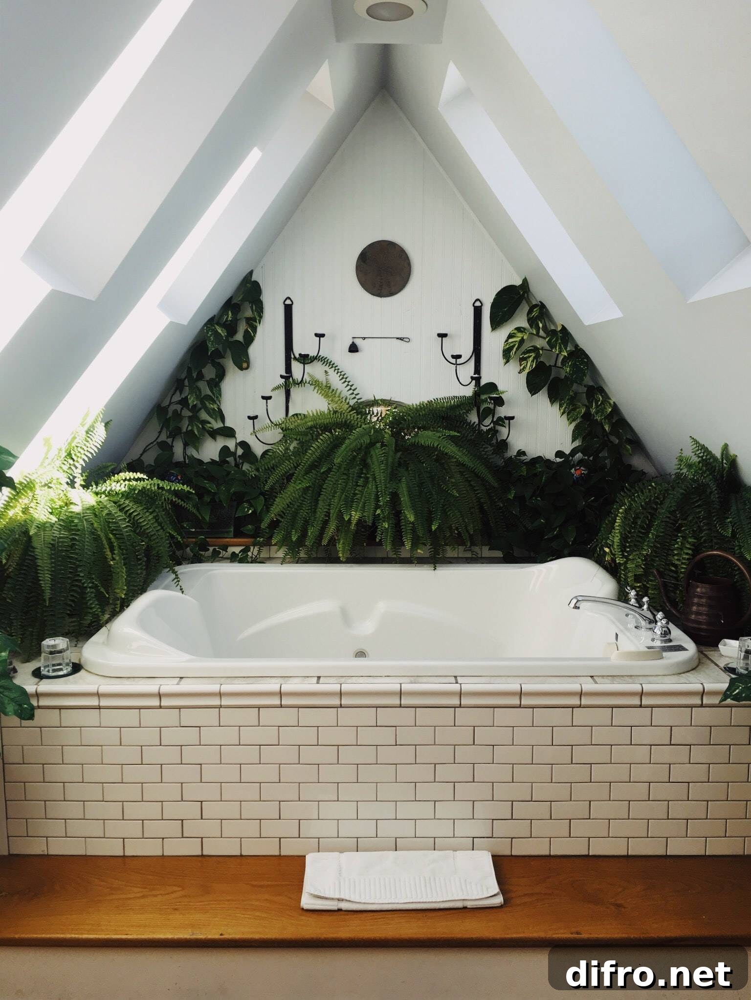Bathtub surrounded by ferns for a serene effect