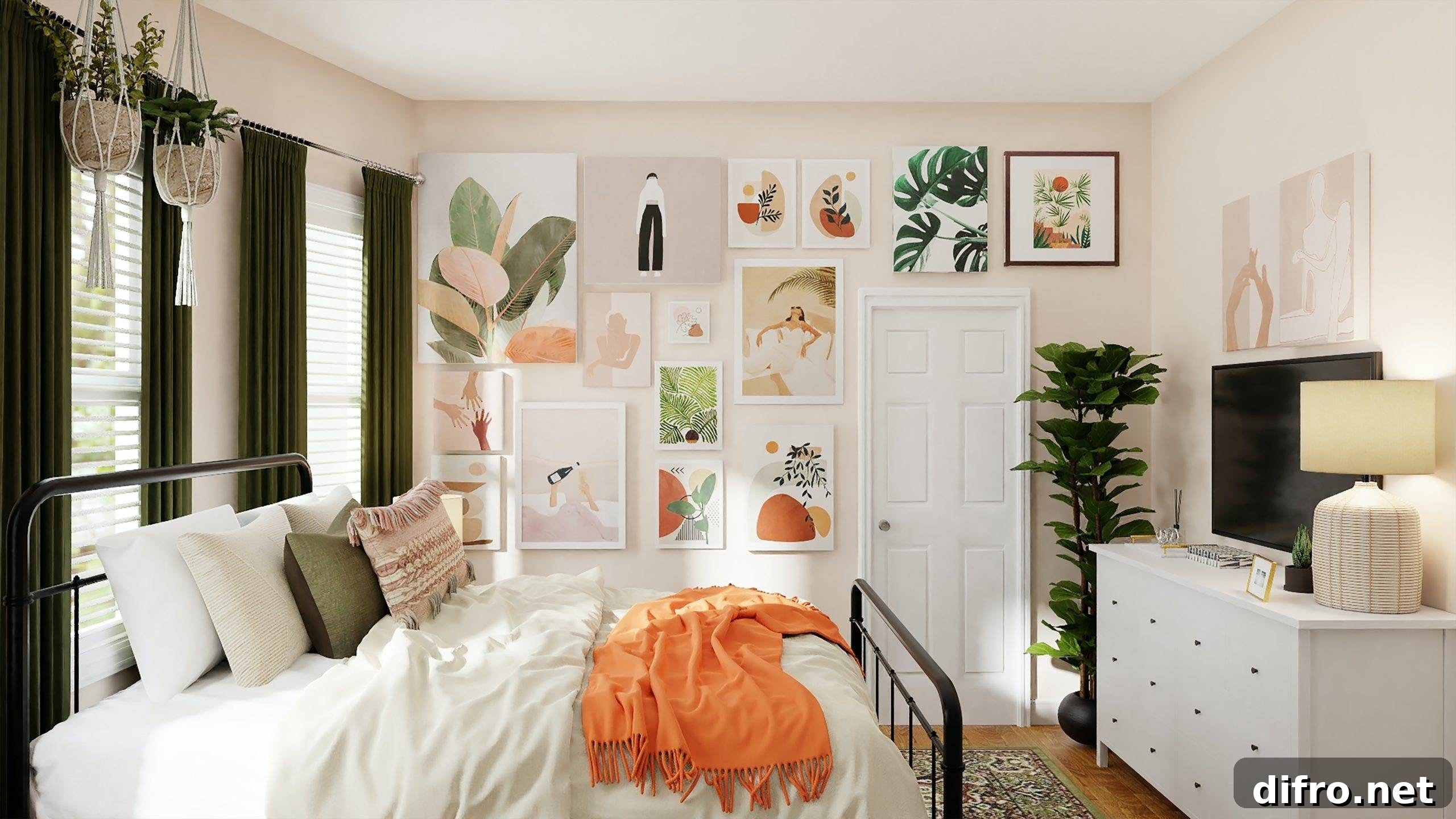 Bright bedroom with forest-inspired accents and art