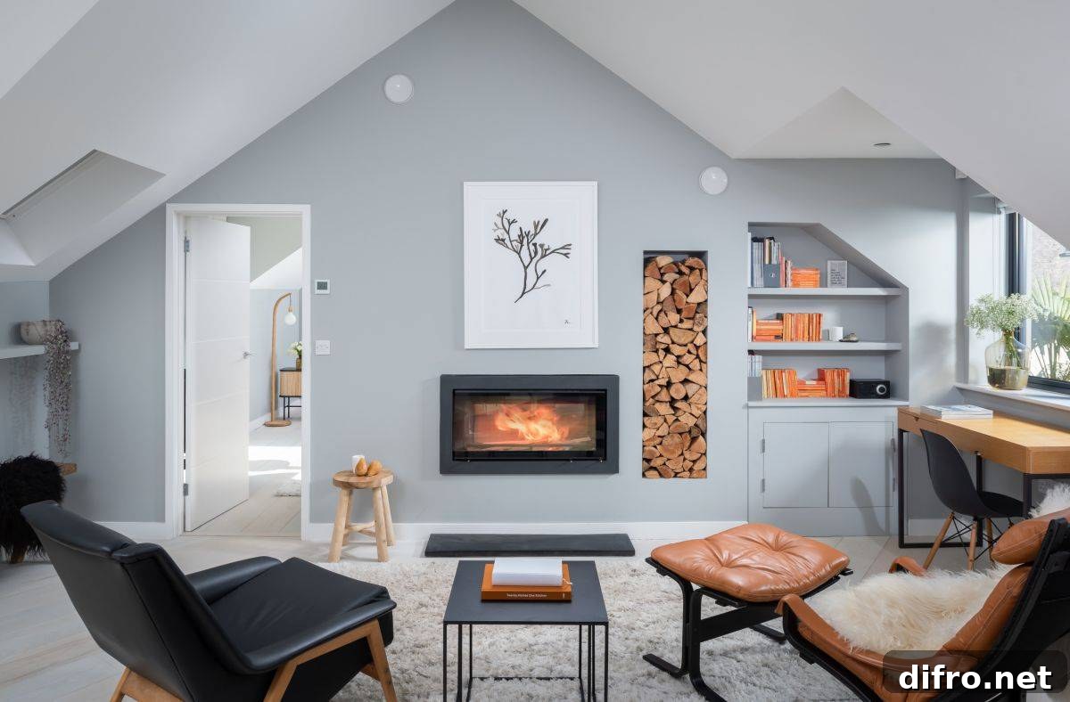 Modern beach style living room in gray with stacked firewood next to the fireplace