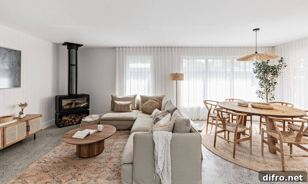 Corner fireplace that ties a living room and dining area together