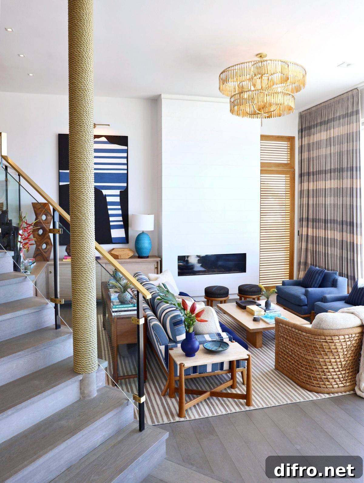 Slim contemporary fireplace integrated into a small beach style living space