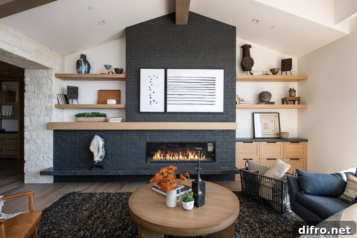 Contemporary beach style living space with a striking fireplace area