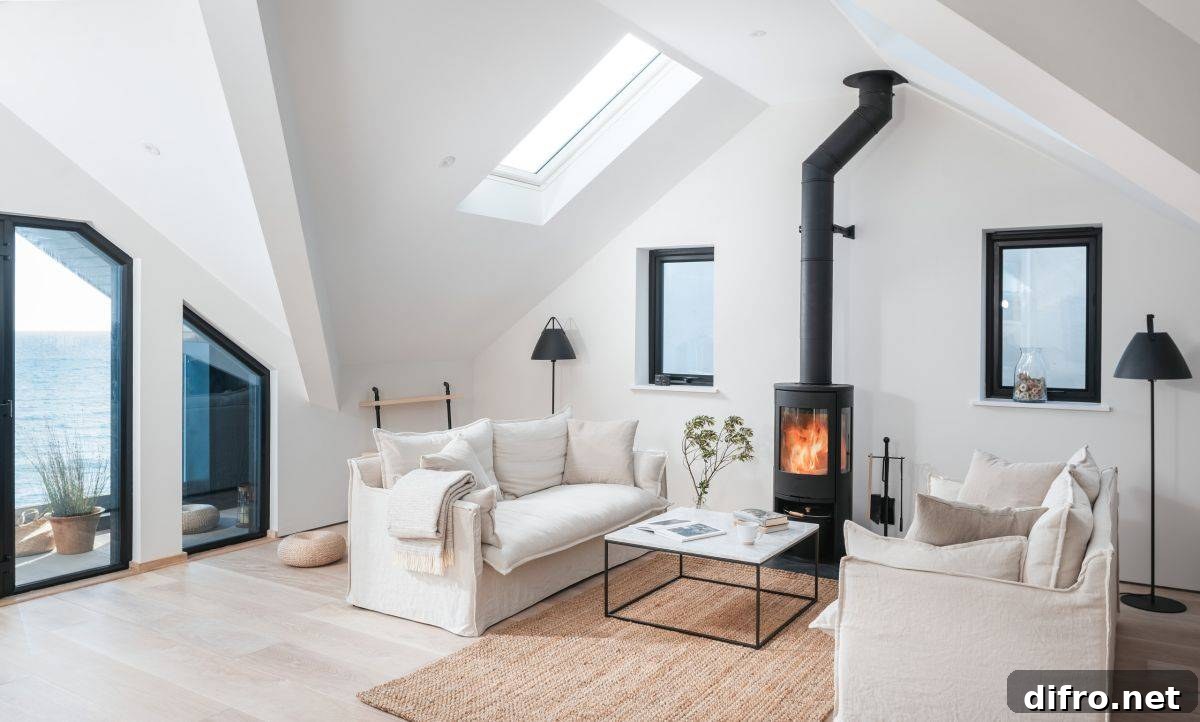 Skylights bring natural light into a beach style living space with fireplace